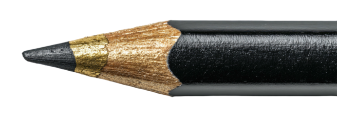 Sharp black graphite pencil tip with wood grain and gold ferrule
