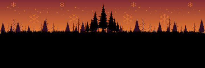 Serene vector scene of a snowy pine forest with stars and snowflakes for a greeting card.
