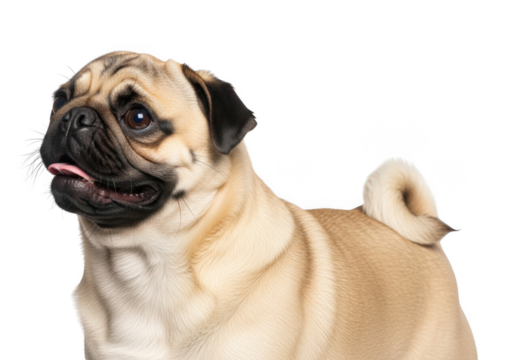 Adorable pug dog portrait, cute canine breed with wrinkled face and curly tail, pet animal photography, isolated on transparent background