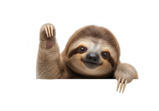 Cute sloth waving hello png image, adorable animal smiling, friendly wildlife illustration, mammal with transparent background isolated on transparent background