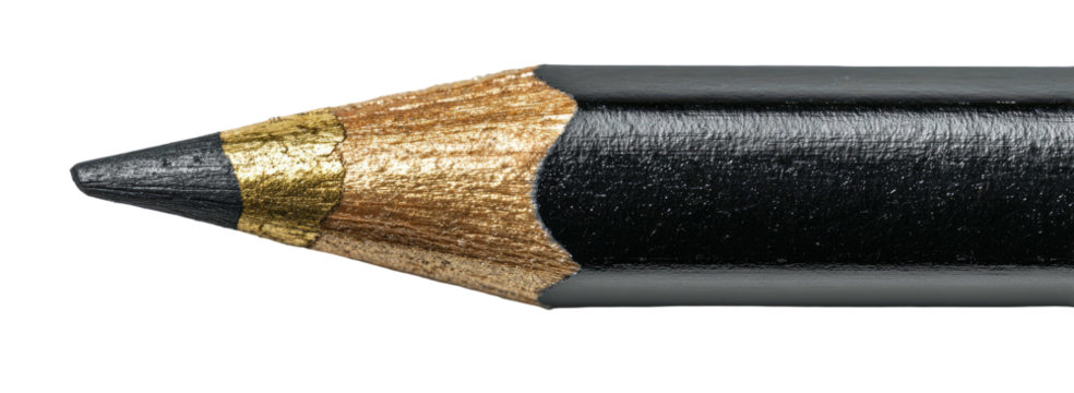 Sharp black graphite pencil tip with wood grain and gold ferrule