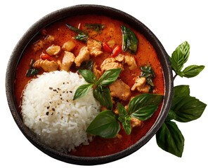A savory red curry with chicken and fluffy white rice