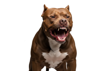 Aggressive brown pitbull dog growling with sharp teeth portrait cutout, canine pet animal photography, isolated on transparent background