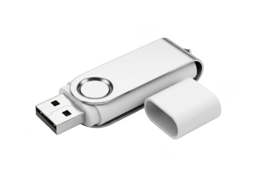 White usb flash drive rotating design, portable memory stick, data storage device, computer accessory, isolated on transparent background