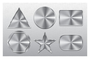 Shiny Steel Plate Labels Collection, Silver Brushed Metal Plates with Rounded Corners and Realistic Metal Plate Labels on Textured Background