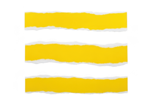 Three yellow ripped paper strips texture, torn edge paper pieces, scrapbook element, design resource, graphic asset, isolated on transparent background
