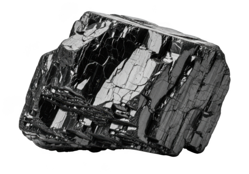 Specular hematite mineral specimen, iron oxide ore, metallic luster, geological sample, rockhound material isolated on transparent background