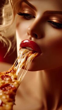 Sensual close-up animation of glamorous woman with glossy red lips eating cheesy pizza in warm cinematic lighting