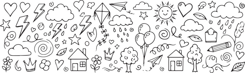 Collection of hand-drawn doodle elements including weather nature and objects simple line art for creative projects and designs