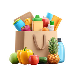 Grocery bag overflowing with assorted produce and containers