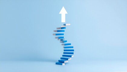 Spiral Staircase with Upward Arrow Symbolizing Growth and Progress on Light Blue Background