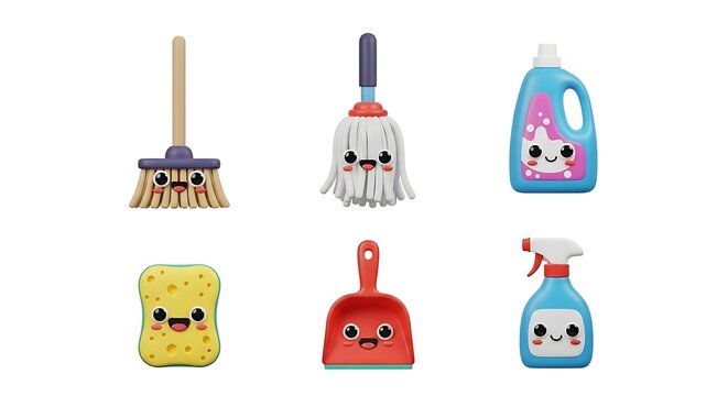 Cartoon cleaning supplies broom mop detergent sponge dustpan spray