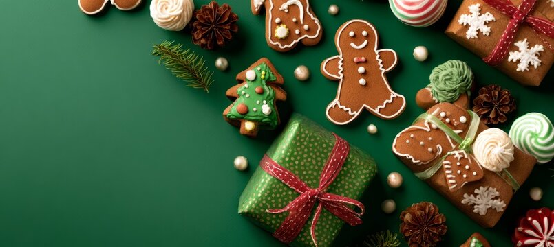 Festive holiday scene with red gifts, wrapped presents, candy cane, gingerbread figure, and green background. Pinecone, ornament, star, and lights evoke Christmas and New Year celebration - Powered by Adobe