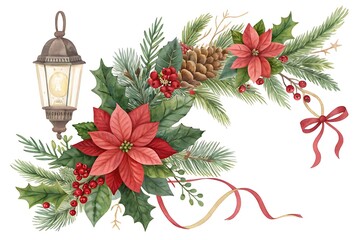 Watercolor christmas garland with lantern, poinsettias, berries