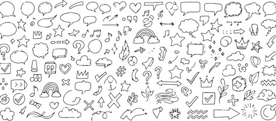 Collection of hand-drawn doodle elements including speech bubbles arrows and stars simple vector icons for notes and decoration background