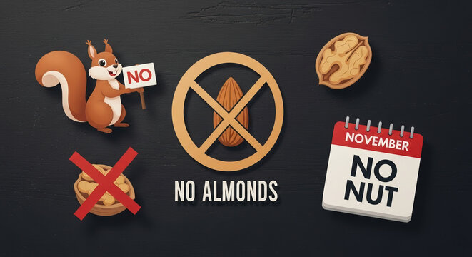 No Nut November campaign, represented by squirrel, almonds and walnut on dark wood background. No Nut November concept, with prohibited nuts and funny squirrel.