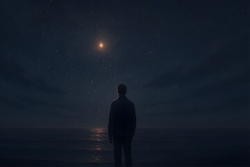 A solitary man floating in space tethered to a dying star surrounded by drifting cosmic light