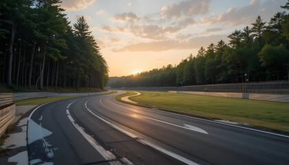 Fototapeta premium Empty race track surrounded by green woods and nature landscape under a warm, glowing sunset sky