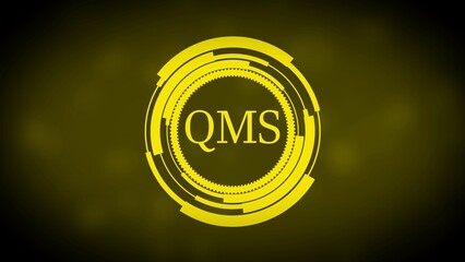 Yellow QMS logo with futuristic circular HUD elements on a dark yellow blurred background symbol