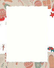 Cream-Toned Christmas and New Year Greeting Card Illustration Featuring Vertical Christmas Tree Frames, Holiday Gifts and Festive Decorative Icons, Ideal for Stylish Poster