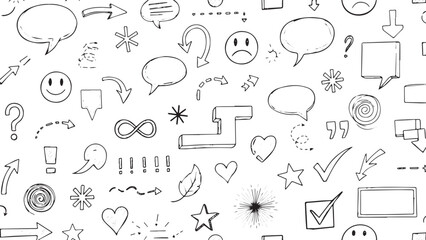 Hand-drawn doodle elements a seamless pattern of arrows speech bubbles and symbols perfect for backgrounds and creative projects