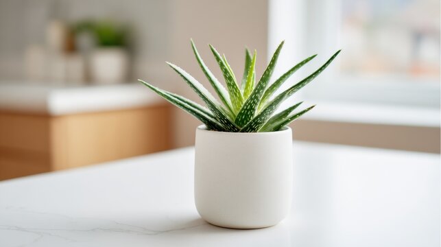 A vibrant green succulent in a simple white pot sits on a kitchen counter. Natural light streams in through the window highlighting the plant's sharp leaves and adding warmth to the room.