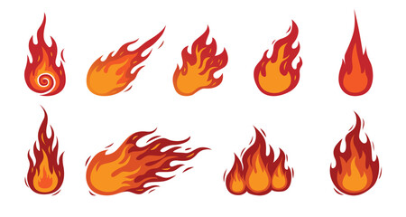 Cartoon fire flames and fireball vector icon set collection for energy heat and danger warning design.