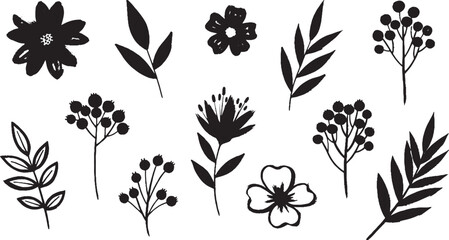 Set of floral doodles hand-drawn botanical elements simple vector illustrations for decoration and design