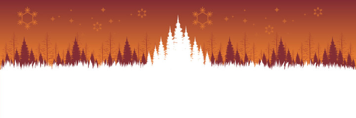 Serene vector scene of a snowy pine forest at dusk with stars and snowflakes for a greeting card.