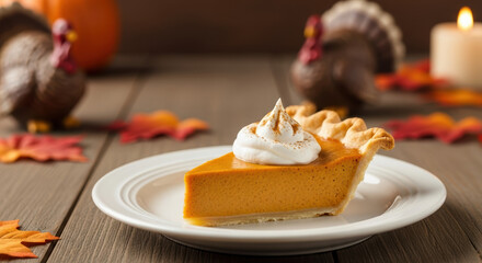 Presenting Thanksgiving pie with creamy topping, small turkey decor, and autumn leaves on table. Delicious Thanksgiving pie includes soft pumpkin filling and sweet meringue.
