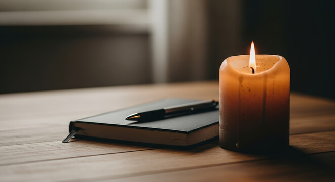 Remembering Suicide Loss Day with soft candle light beside journal and pen. Suicide Loss Day concept is expressed with soft light and memory book.