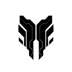 Futuristic black and white tech emblem or crest, resembling a powerful mask or wolf head. Sleek, sharp geometric design perfect for gaming, robotics, and cyber security branding.