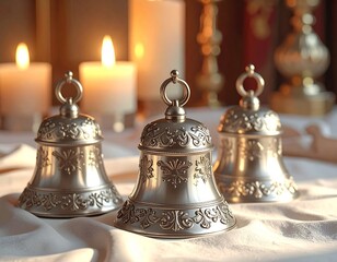 Three Antique Silver Hand Bells with Soft Candlelight in Background