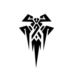 Intricate black and white tribal symbol resembling a stylized mask or mythical crest. A powerful, modern graphic design with sharp, dynamic edges and abstract knotwork.