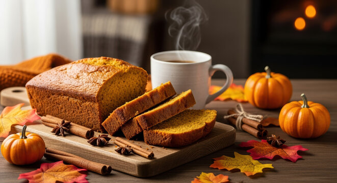 Thanksgiving pumpkin bread with seasonal decoration for cozy celebration. Thanksgiving celebration with fresh baked bread and steaming coffee, - Powered by Adobe