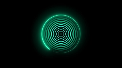 Glowing Cyan Neon Spiral Concentric Circles on Black Background abstract