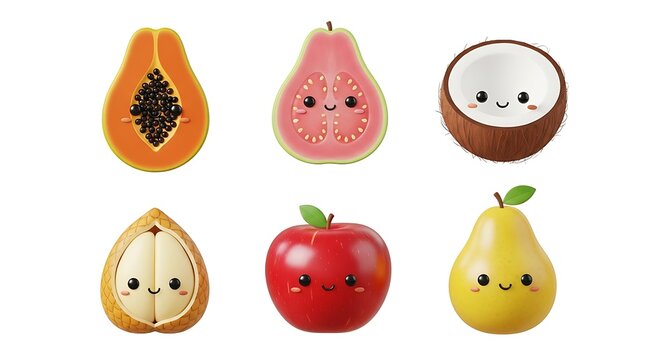 Cartoon fruits collection with cute smiling faces on white - Powered by Adobe