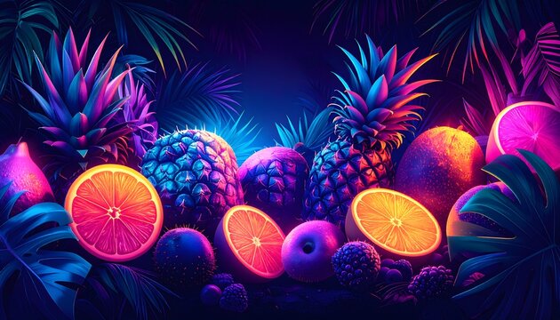Neon-lit tropical fruit medley with pineapples, oranges, and berries against a dark foliage backdrop