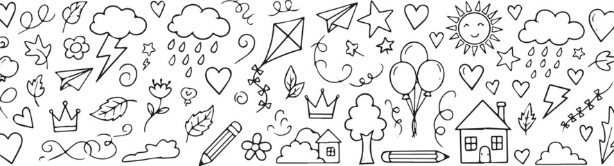 Doodle pattern with hand-drawn elements including weather nature and celebration icons perfect for backgrounds and creative projects