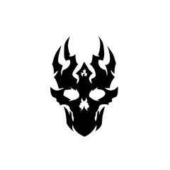 Dark tribal skull emblem with sharp, flame-like shapes forming an eerie and powerful silhouette, creating a bold and intense design with a mysterious, edgy atmosphere.