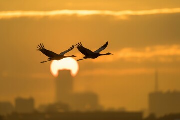 Naklejka premium Two majestic cranes soar gracefully across a vibrant golden sunset sky, silhouetted against the setting sun and an urban skyline, embodying freedom and natural beauty