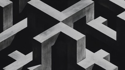 A black and white geometric pattern of intersecting lines and shapes.