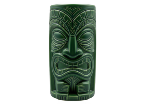 Green tiki mug hawaiian cocktail cup barware drinkware polynesian culture tribal art exotic design isolated on transparent background