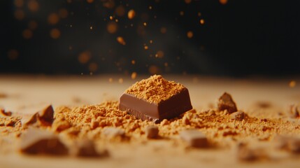 A square piece of chocolate with a dusting of cocoa powder sits on a bed of cocoa powder.