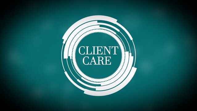 White futuristic circular emblem with text CLIENTCARE on teal background client care customer service