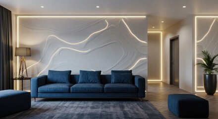 Modern living room interior with stylish blue sofa and elegant lighting, perfect for home decor inspiration or contemporary design projects