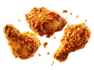 Crispy, golden fried chicken pieces suspended against black