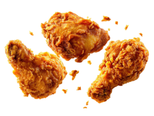 Crispy, golden fried chicken pieces suspended against black