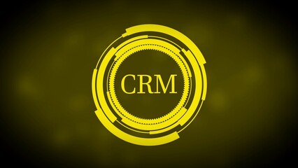 Yellow circular HUD interface with text CRM on dark yellow background abstract business