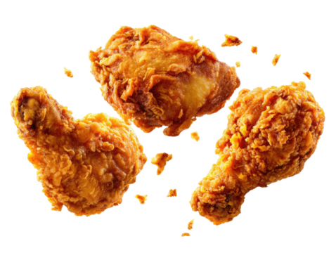 Crispy, golden fried chicken pieces suspended against black